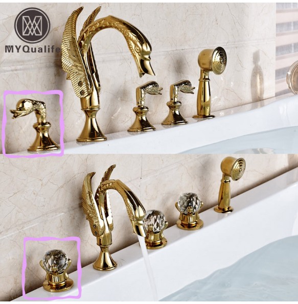 Golden Swan Style Brass Golden Bathtub Tub Faucet Deck Mounted Hot and Cold Water Bath Shower Mixer Taps