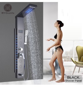 MYQualife New  Top Design Led Shower Panel 5  Function Bathroom Shower Faucet  Wall Mounting Black Cold and Hot Shower Column