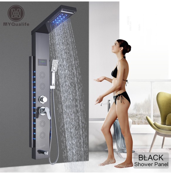 MYQualife New  Top Design Led Shower Panel 5  Function Bathroom Shower Faucet  Wall Mounting Black Cold and Hot Shower Column