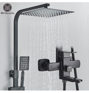 Matte Black Rainfall Shower Faucet Set 8 Inch Showerhead High Pressure Stainless Steel Bathtub Rotate Spout Bath Shower Mixer