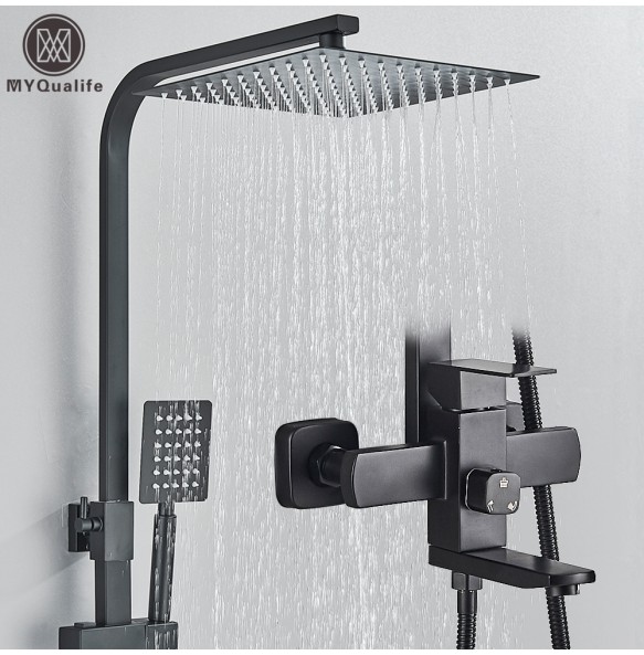 Matte Black Rainfall Shower Faucet Set 8 Inch Showerhead High Pressure Stainless Steel Bathtub Rotate Spout Bath Shower Mixer