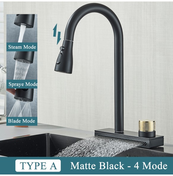 Black Kitchen Faucet With Rainfall Waterfall Wash 4 Function Brass Single Hole Pull Out Mixer Hot Cold Water Taps Deck Mounted