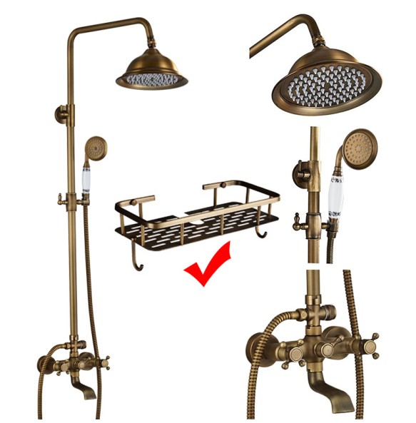 Antique Brass Shower Faucet Mixers Dual Handle Rainfall 8