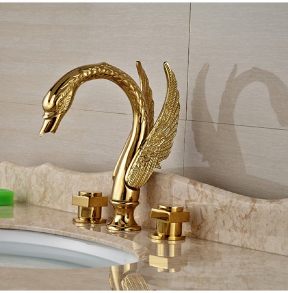 Swan Shape Dual Handle Golden Washing Basin Faucet Widespread Deck Mounted Bathroom Basin Mixer Tap with Hot and Cold Water