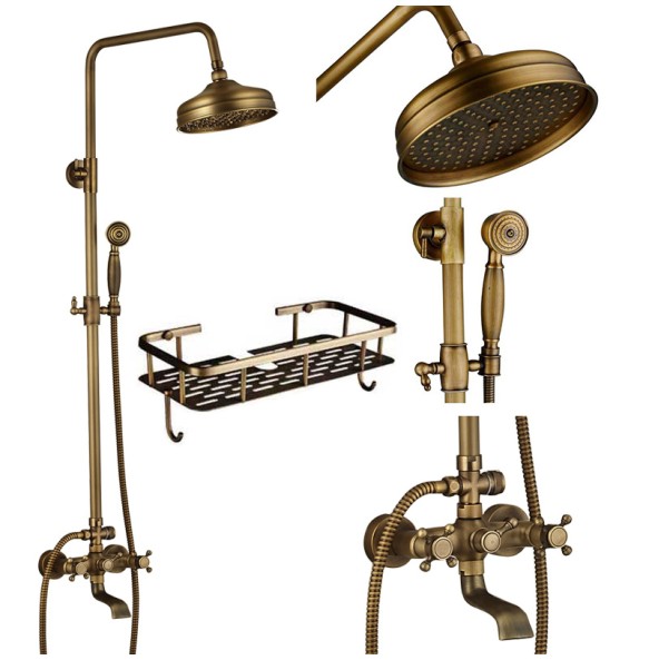 Antique Brass Shower Faucet Mixers Dual Handle Rainfall 8