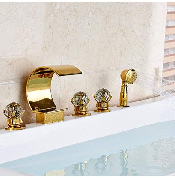 Widespread Swan Bathtub Faucet Golden Tub Mixer Tap Deck Mounted 3 Handle Swan Bath Shower Set with Pull Out Handshower Head