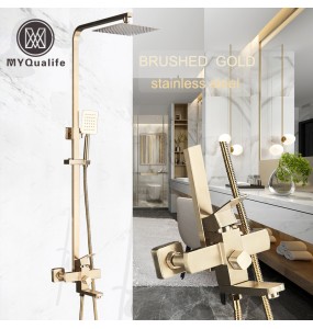 Brushed Gold Shower Mixer Faucet Rotate Tub Spout Wall Mount 8