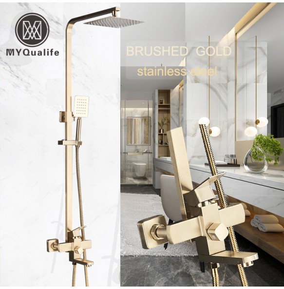 Brushed Gold Shower Mixer Faucet Rotate Tub Spout Wall Mount 8