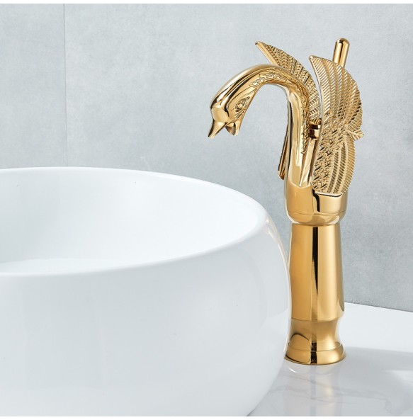 2024 New Swan Shape Bathroom Mixer Faucet Tap Deck Mount One Hole Water Taps with Hot Cold Water Golden Color Basin Faucet One Handle