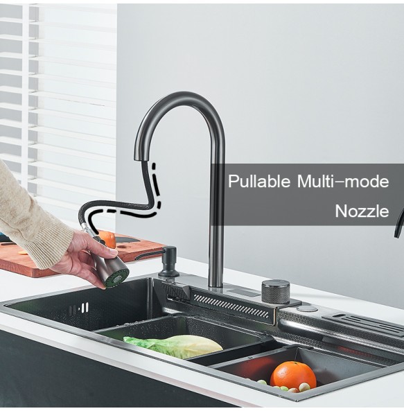 304 Stainless Steel Waterfall Kitchen Sink Large Single Slot Integrated Digital Display Faucet Set Soap Dispenser knife Board