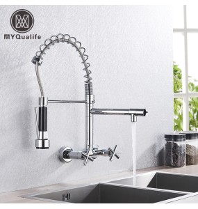 Kitchen Faucet Torneira Cozinha Double Handle Mounted On Spring Faucet With 2 Nozzles Chrome Finish New Grifo Cocina