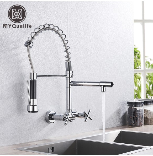 Kitchen Faucet Torneira Cozinha Double Handle Mounted On Spring Faucet With 2 Nozzles Chrome Finish New Grifo Cocina