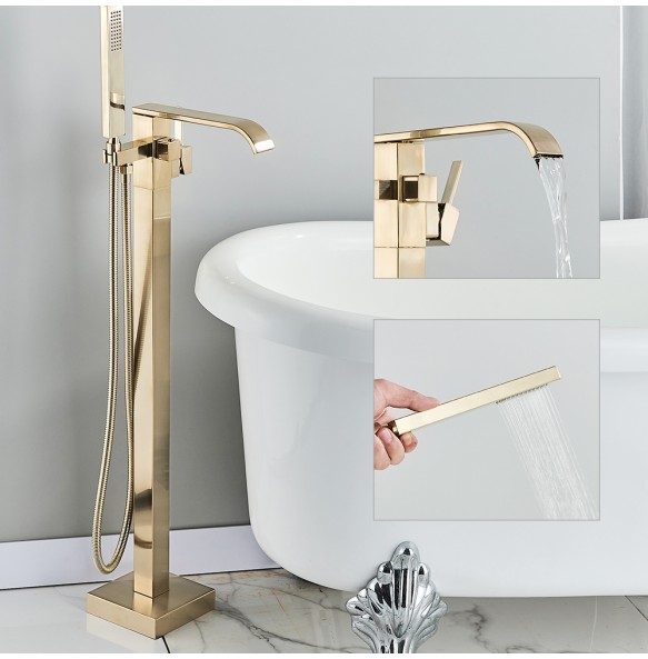 Luxury Brushed Gold Bathtub Faucet Free Standing Bathroom Tub Faucet  6 Types Spout Floor Mounted Bath Shower Mixer Tap