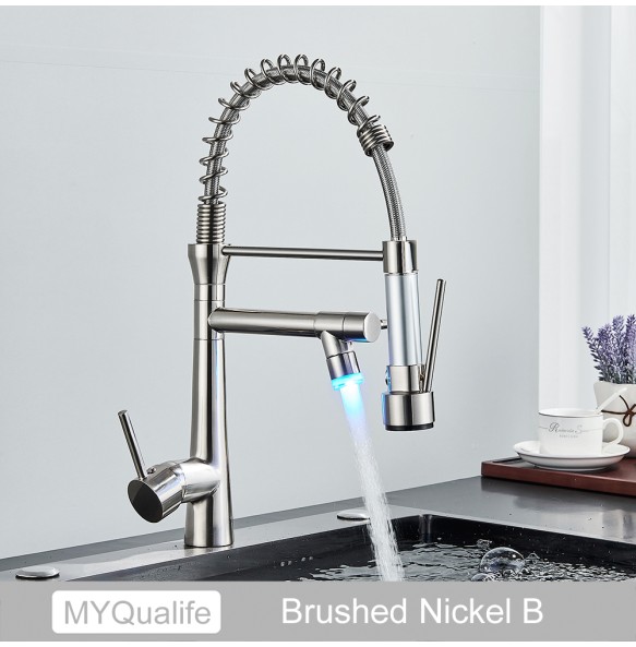 Black Brass Pull Down LED Kitchen Faucet 360 Rotate Hot Cold Mixer Dual Spout Deck Mounted Sink Taps With Strong Flush Crane