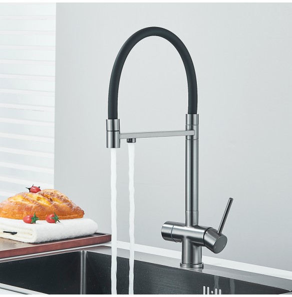 Gun Gray Filtered Kitchen Faucet Pure Water Pull Out Brass Sink Faucet Dual Handle Hot&Cold Drinking Water Purified Mixer Taps