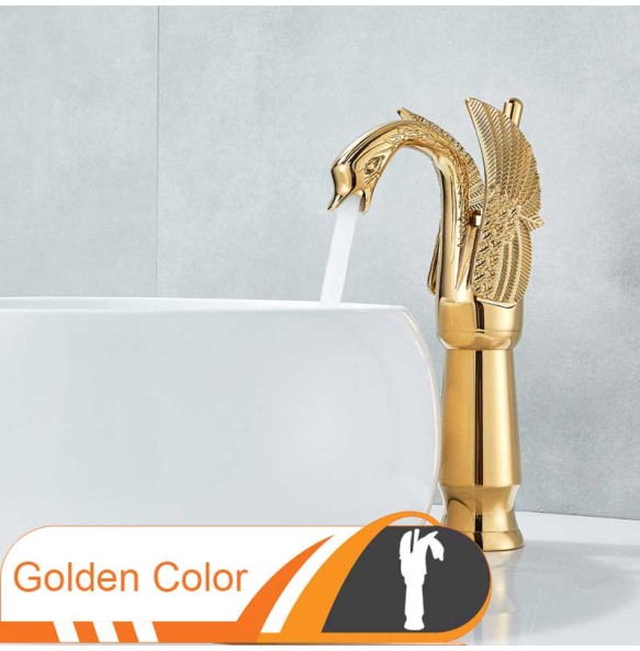 2024 New Swan Shape Bathroom Mixer Faucet Tap Deck Mount One Hole Water Taps with Hot Cold Water Golden Color Basin Faucet One Handle