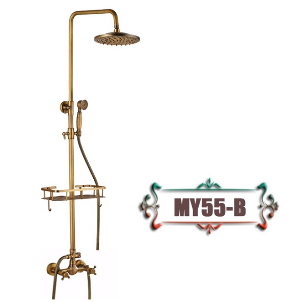 Antique Brass Wall Mounted Bathtub Shower Set Faucet Dual Handle with Commodity Shelf Long Spout Bathroom Shower Mixers Rainfall