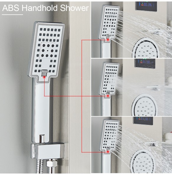 Brushed LED Light LCD Shower Faucet Bathroom SPA Massage Jet Shower Column System Waterfall Rain Shower Panel With Shelf Tap