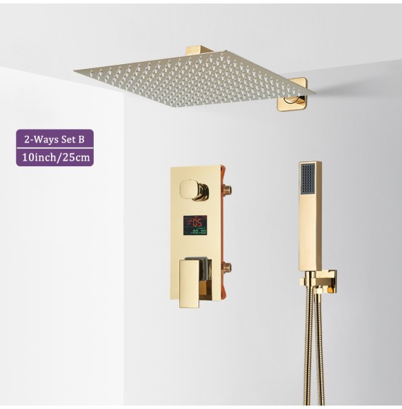 Gold Bathroom Shower Faucet Black Digital All Metal Shower Faucets Set Rainfall Shower Head Digital Display Mixer Tap