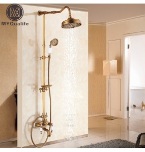 Antique Brass Shower Bath Faucet Sets Wall Mounted EXposed 8