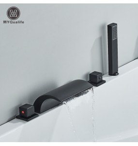 Black Brass Waterfall Bathtub Faucet Widespread Tub Sink Tap Three Handles Hot Cold Water Mixer Bathroom Shower Faucet