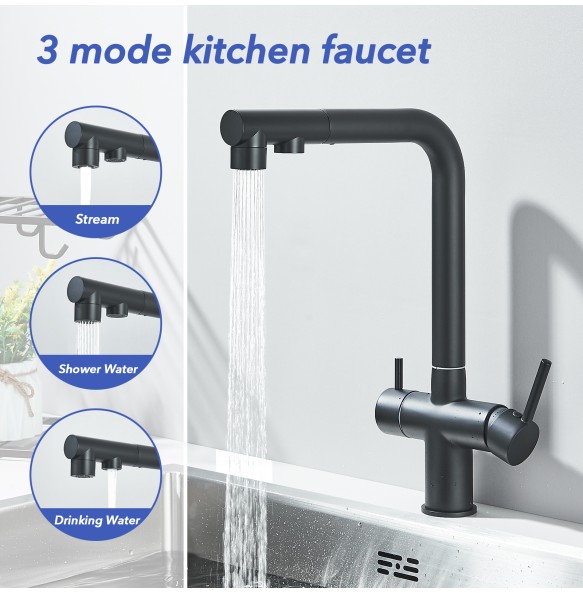 Matte Black Pulling Filter Kitchen Faucet Hot & Cold Water Mixer Dual Mode Filtration Purification Kitchen Sinks 360 Rotation