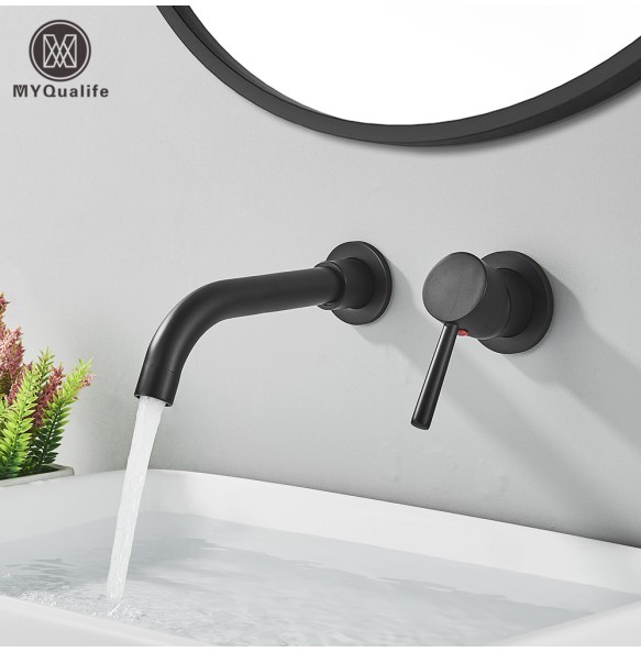 Black Bathroom Faucet Brass Mixer Sink Tap Wash Basin Gold Hot Cold Water Wall Mount Spout Bath With Modern Lever Handle