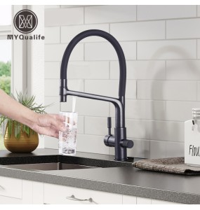 Matte Black Kitchen Sink Faucet Tap Pure Water Filter Mixer Crane Dual Handles Purification Kitchen Hot and Cold Water Tap