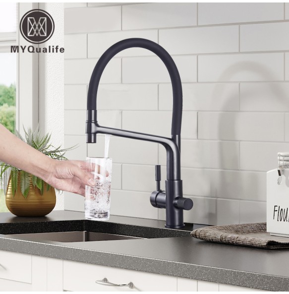 Matte Black Kitchen Sink Faucet Tap Pure Water Filter Mixer Crane Dual Handles Purification Kitchen Hot and Cold Water Tap