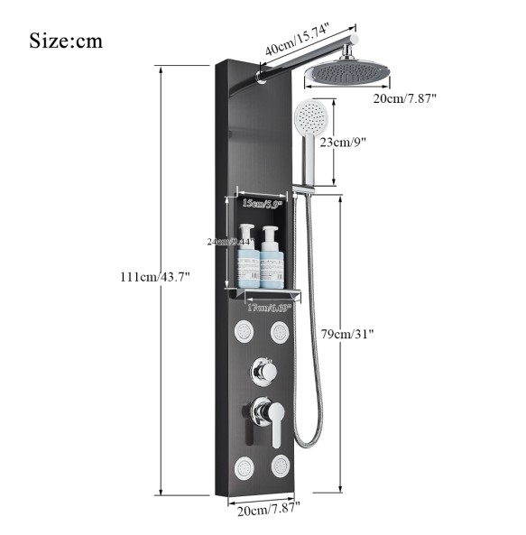 Black Shower Panel With Storage Rack Rainfall Shower Faucet Set SPA Massage Jet Bath Shower Column Double Handle Mixer Tap Tower