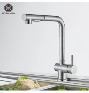 Brushed Nickel Pull Out Kitchen Sink Faucet High Pressure Two Model Stream Sprayer Nozzle Stainless Steel Tap Deck Install