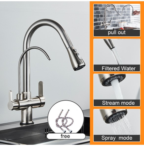 Matte Black Pure Water Kitchen Faucet Dual Handle Hot and Cold Drinking Water Pull Out  Kitchen Mixer Taps