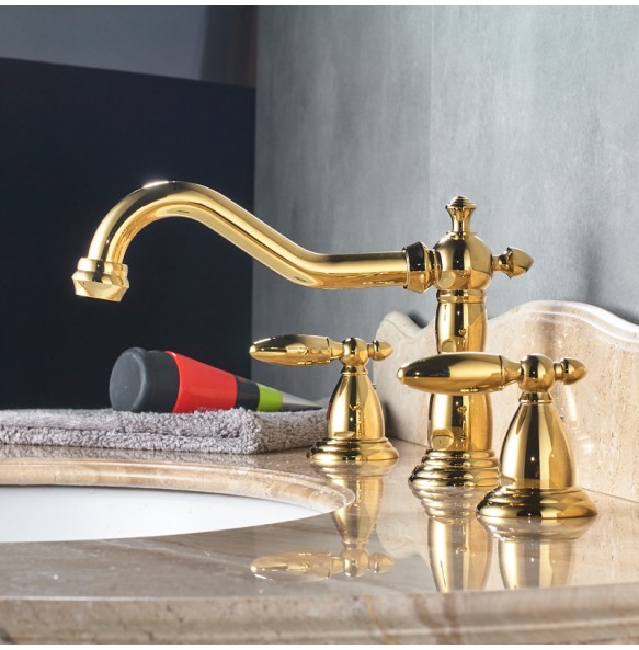 Dual Handle Basin Faucet Widespread Brass Basin Sink Mixer Tap Antique Brass 3 Holes Bath Sink Hot Cold Water Tap