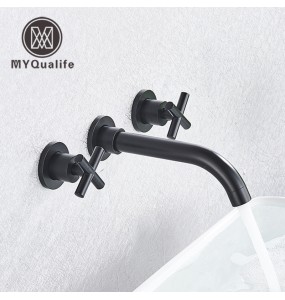 Basin Faucet In-Wall Installation Black / Brushed Gold Bathroom Double Handle Wall-Mounted Bathroom Faucet Rotating Sink Faucet