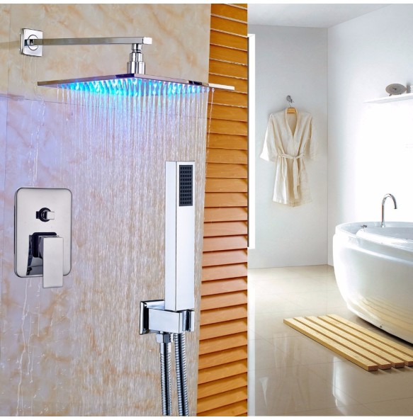 Bathroom LED Light Rainfall Shower Set Handheld Spray Brass Tub Spout Tap Bath Shower Mixer Faucet Wall Mounted Color Changing