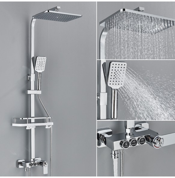 White Thermostatic Shower Faucet Fixed Temperature 3 Way Key Rainfall System Bathtub Tap With Big Showerhead Bathroom Shelf