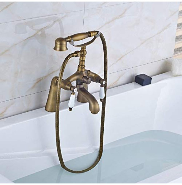 Deck Mounted Two Handle Bathtub Sink Faucet Telephone Deck Standing Dual Hole Bathtub Mixer with Handshower Head