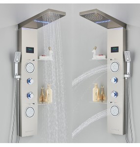 Brushed LED Light LCD Shower Faucet Bathroom SPA Massage Jet Shower Column System Waterfall Rain Shower Panel With Shelf Tap