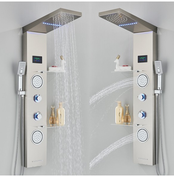 Brushed LED Light LCD Shower Faucet Bathroom SPA Massage Jet Shower Column System Waterfall Rain Shower Panel With Shelf Tap