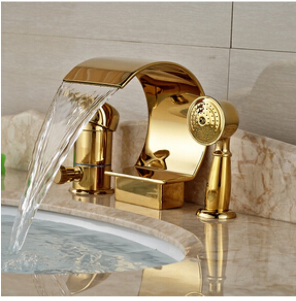 Luxury Golden Waterfall Bathtub Mixer Faucet Deck Mount Single Handle Tub Tap with Handheld Shower