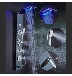 Brushed LED Light Waterfall Rainfull Shower Panel  SPA Sprayer Jets 3 Handles Shower Column Faucet Tower Hand Shower Tub Spout