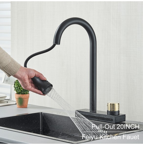 Black Kitchen Faucet With Rainfall Waterfall Wash 4 Function Brass Single Hole Pull Out Mixer Hot Cold Water Taps Deck Mounted