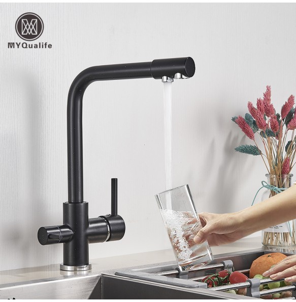 Matte Black Brass Pure Water Kitchen Faucet Dual Handle Hot and Cold Drinking Water 3-way Filter Kitchen Purified Mixer Taps