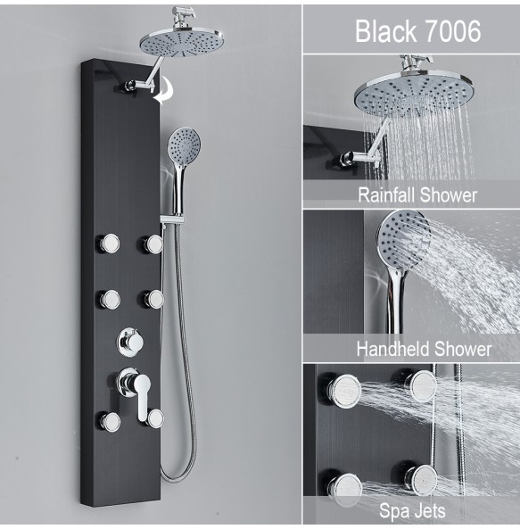 Black Shower Panel With Storage Rack Rainfall Shower Faucet Set SPA Massage Jet Bath Shower Column Double Handle Mixer Tap Tower