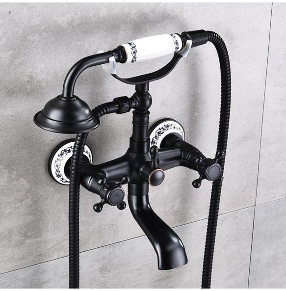 Deck Mounted Two Handle Bathtub Sink Faucet Telephone Deck Standing Dual Hole Bathtub Mixer with Handshower Head