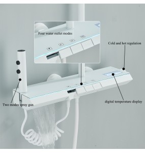 White Shower Faucet Set Rainfall Bathtub Tap With Bathroom Shelf 4 Functions Height Adjust Shower Mixer Crane