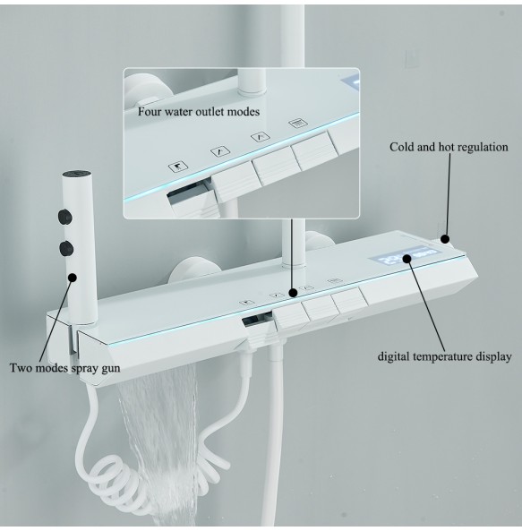 White Shower Faucet Set Rainfall Bathtub Tap With Bathroom Shelf 4 Functions Height Adjust Shower Mixer Crane