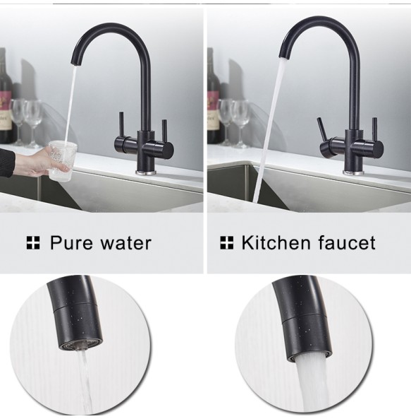 Black Kitchen Filtered Faucet Beige with Dots Brass Purifier Mixer Double Sprayer Drinking Water Curved Sink Tap 360 Rotate