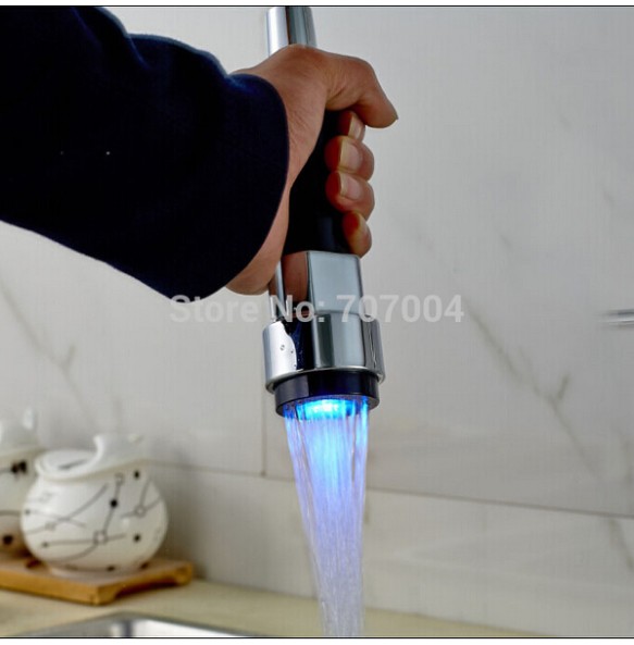 Kitchen Faucet Pull-Out Spray Head Replacement Spout with LED Light Chrome Finish