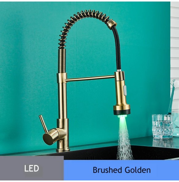 Matte Black LED Kitchen Sink Faucet Spring Hot and Cold Water Tap Pull Down 2 Models Gold Kitchen Crane